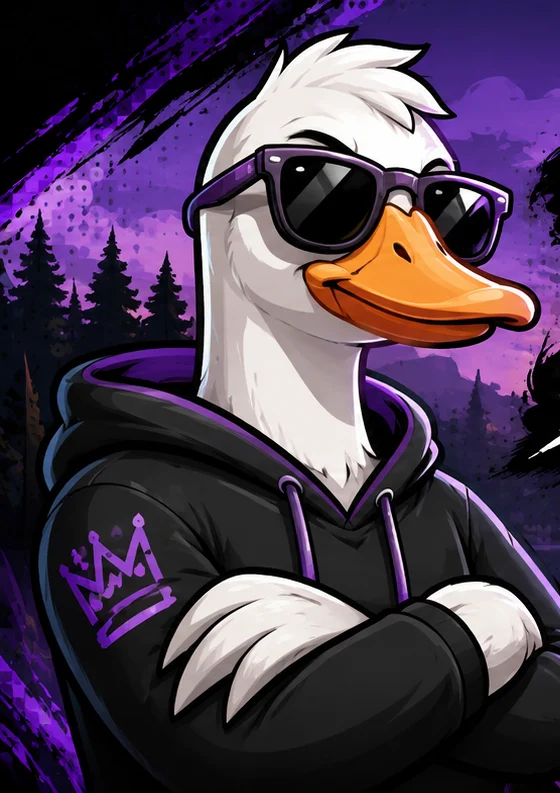 Deedz in sunglasses and a purple hoodie, wings crossed, under a purple forest sky